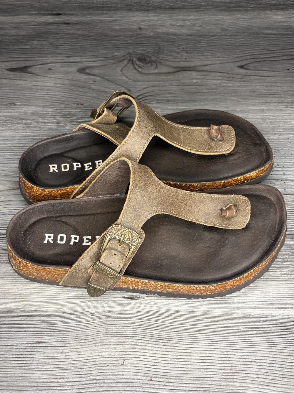 Roper Taupe/Bronze Buckle Thong Sandals